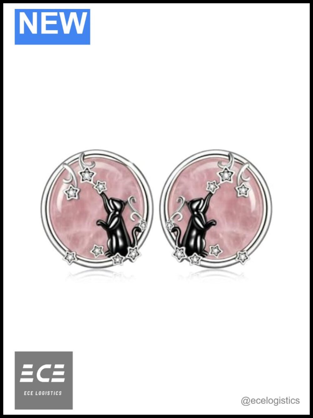 Cat Stud Earrings Sterling Silver Posts Rose Quartz Hypoallergenic